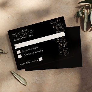 Gold Lined Floral on Black no Meal RSVP 2 Card