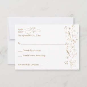 Gold Lined Floral on White & Gold no Meal RSVP 2 Card