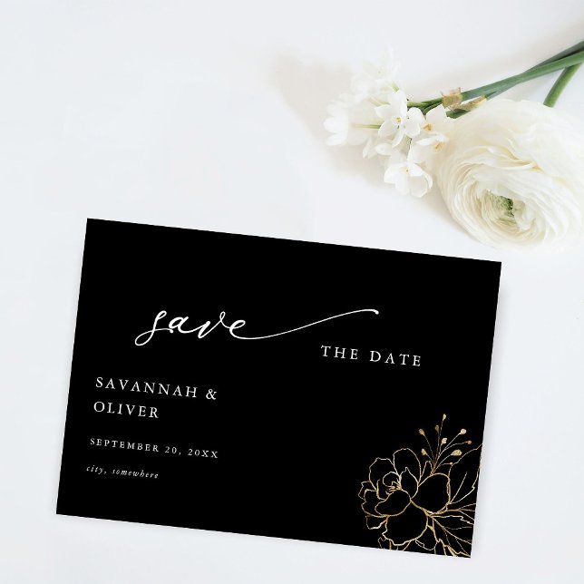 Gold Lined Floral Save the Date - Black (Creator Uploaded)