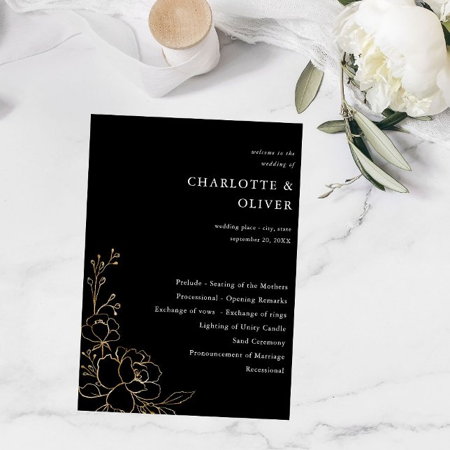 Gold Lined Floral Wedding Ceremony Program - Black Invitation (Creator Uploaded)
