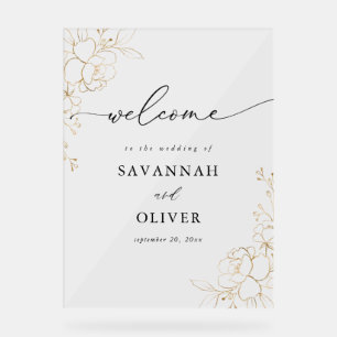 Gold Lined Floral Wedding Welcome Acrylic Sign
