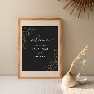 Gold Lined Floral Wedding Welcome Sign - Black