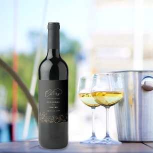 Gold Lined Floral Wedding Wine Label 2