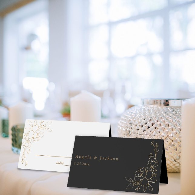 Gold Lined Floral White & Gold Place Card -B&W (Creator Uploaded)