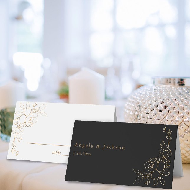 Gold Lined Floral White & Gold Place Card -B&W 2 (Creator Uploaded)