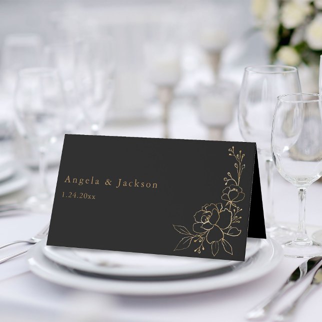Gold Lined Floral White & Gold Place Card -Black (Creator Uploaded)