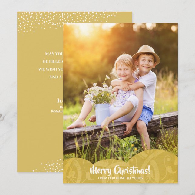 Gold Linen Filigree Photo Christmas Holiday Card (Front/Back)