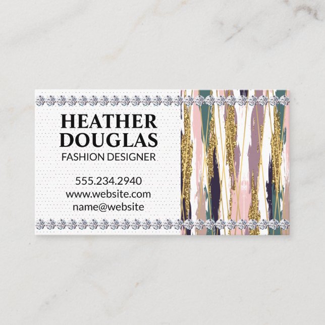 Gold Lines | Brush Strokes | Diamonds Business Card (Front)