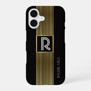 gold lines monogram / monogrammed black iPhone 16 case