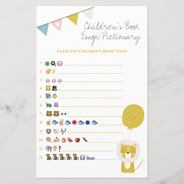 Gold Lion Book Emoji Pictionary Baby Shower Game (Front)