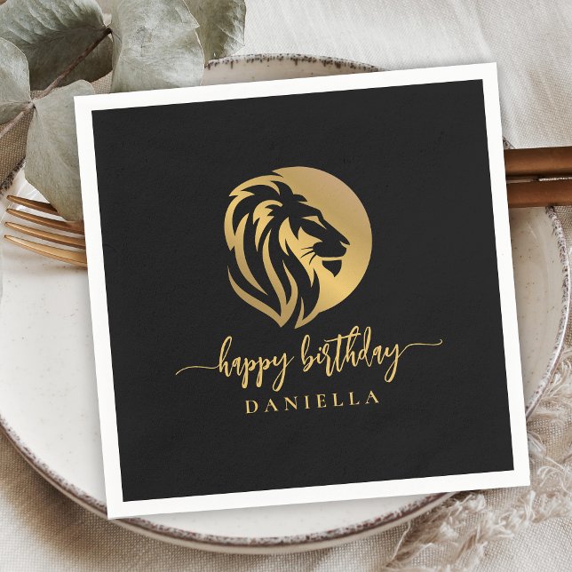 Gold Lion Leo Happy Birthday with Name Napkin (Creator Uploaded)