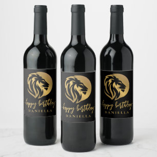 Gold Lion Leo Happy Birthday with Name Wine Label