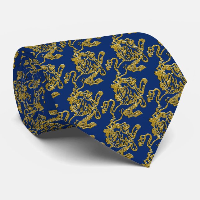 Gold Lion on Navy Blue Tie (Rolled)