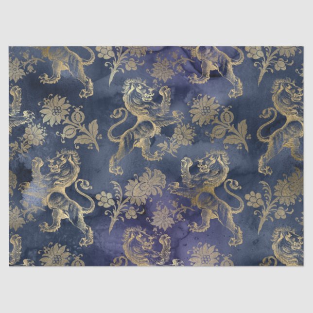 Gold Lions and Flowers on Purple Decoupage Tissue Paper (Front)