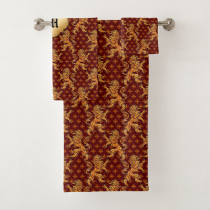 Gold Lions Fleurs on Deep Red Bath Towel Set
