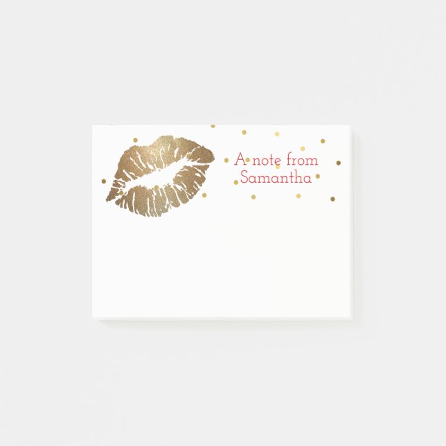 Gold Lip Print Personalised Small Post It Note Pad (Front)