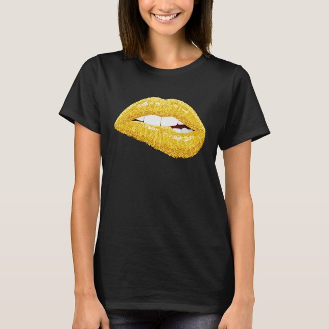Gold Lips Biting Lipstick Makeup T-Shirt (Front)