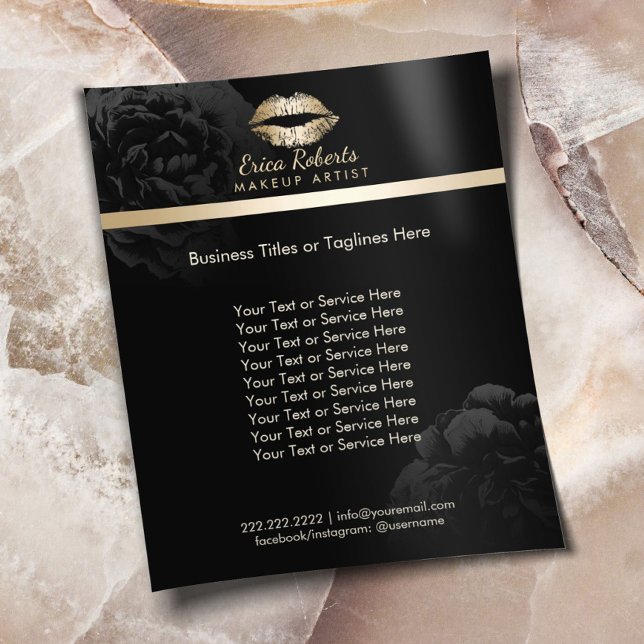 Gold Lips Black Floral Makeup Artist Beauty Salon Flyer (Creator Uploaded)