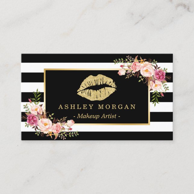 Gold Lips Floral Makeup Artist Beauty Salon Business Card (Front)