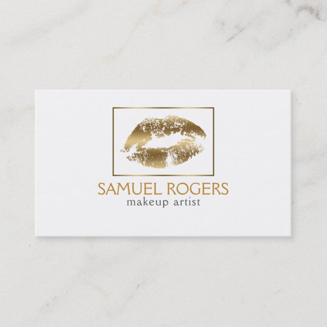 Gold Lips & Geometric Frame Business Card (Front)