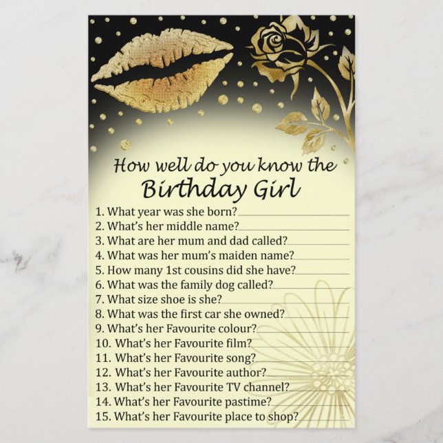 Gold Lips How well do you know the birthday girl (Front)
