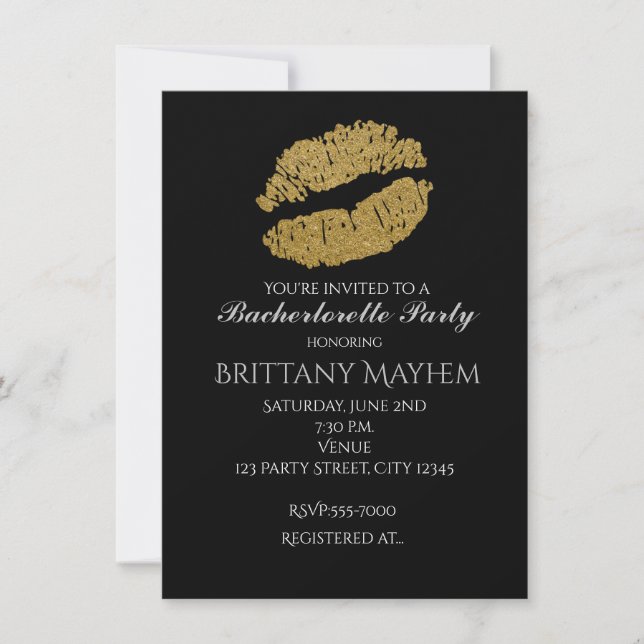 Gold Lips KISS Bachelorette Party Invitation (Front)