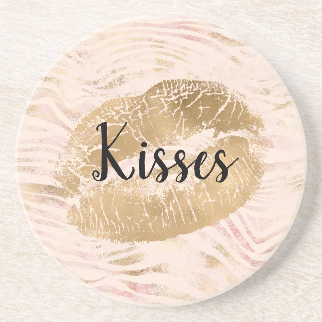 Gold Lips Kiss Pink Zebra Print  Coaster (Front)