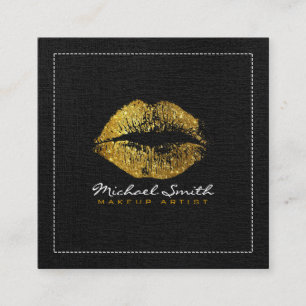 Gold Lips Makeup Artist Modern Black Burlap Square Business Card