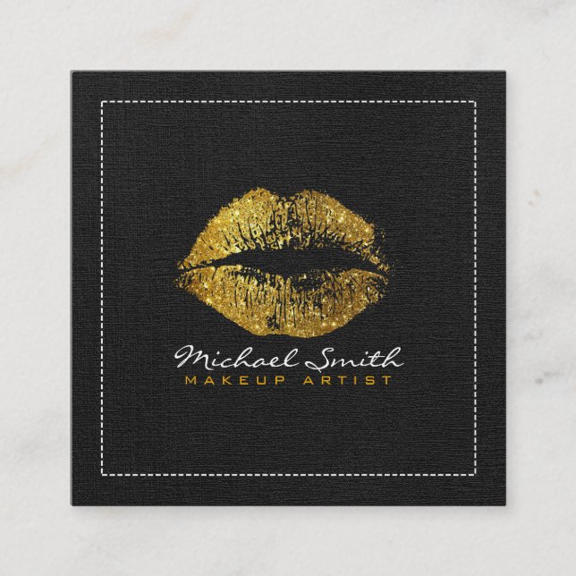Gold Lips Makeup Artist Modern Black Burlap Square Business Card (Front)