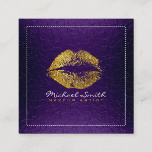 Gold Lips Makeup Artist Modern Purple Metal Square Business Card