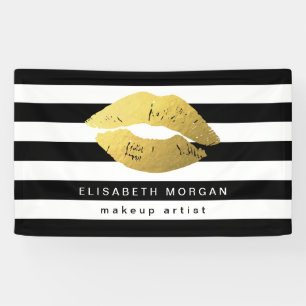 Gold Lips Makeup Beauty Salon Black White Stripes Banner