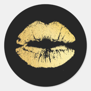 Gold Lips on Black Classic Round Sticker