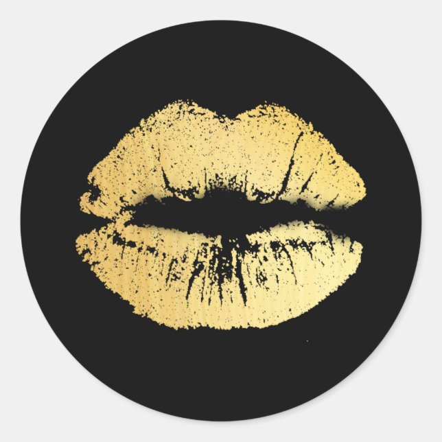 Gold Lips on Black Classic Round Sticker (Front)