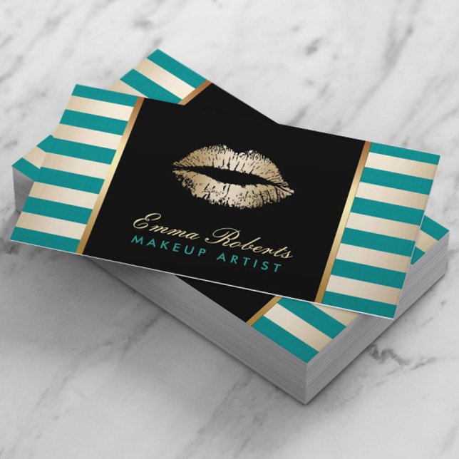 Gold Lipstick Modern Teal & Gold Stripes Salon Business Card (Creator Uploaded)
