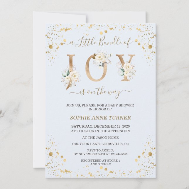 Gold Little Bundle Of Joy White Floral Baby Shower Invitation (Front)