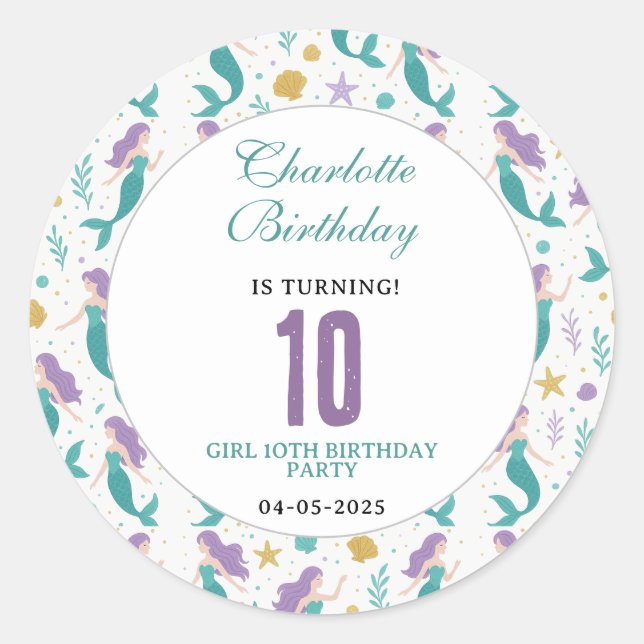 Gold Little Mermaid 10th Birthday | Under the Sea Classic Round Sticker (Front)