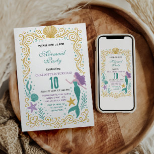 Gold Little Mermaid 10th Birthday  Under the sea  Invitation