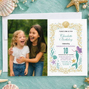 Gold Little Mermaid 10th Birthday  Under the sea Invitation