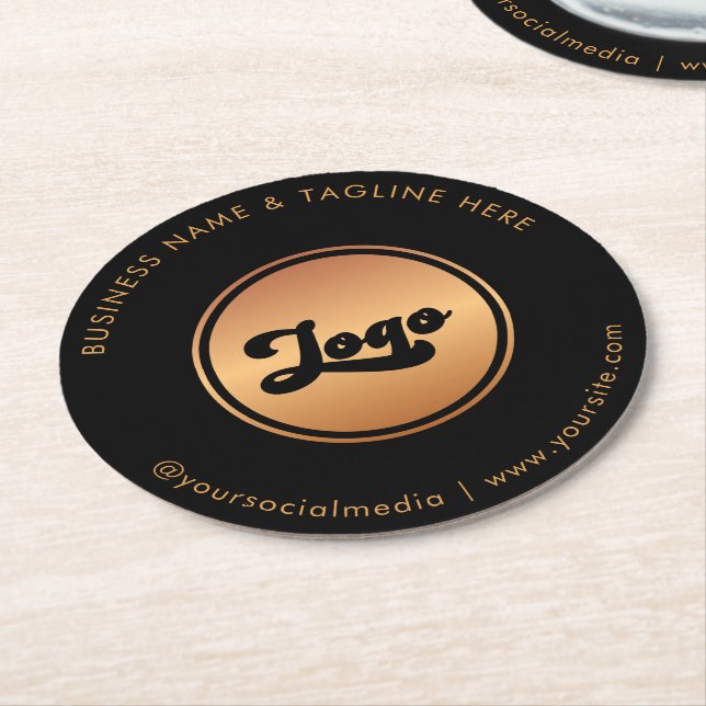 Gold Logo & Custom Text Business Company Branded Round Paper Coaster (Angled)