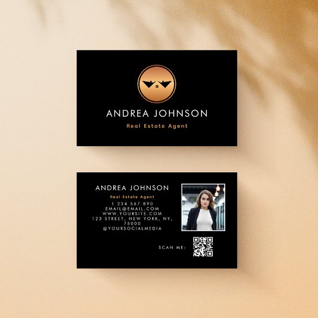 Gold Logo Real Estate Agent Photo Qr Code Social Business Card (Creator Uploaded)