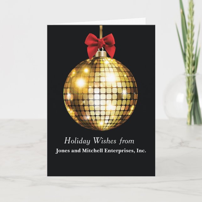 Gold Looking Ornament on Black Red Bow Card (Front)