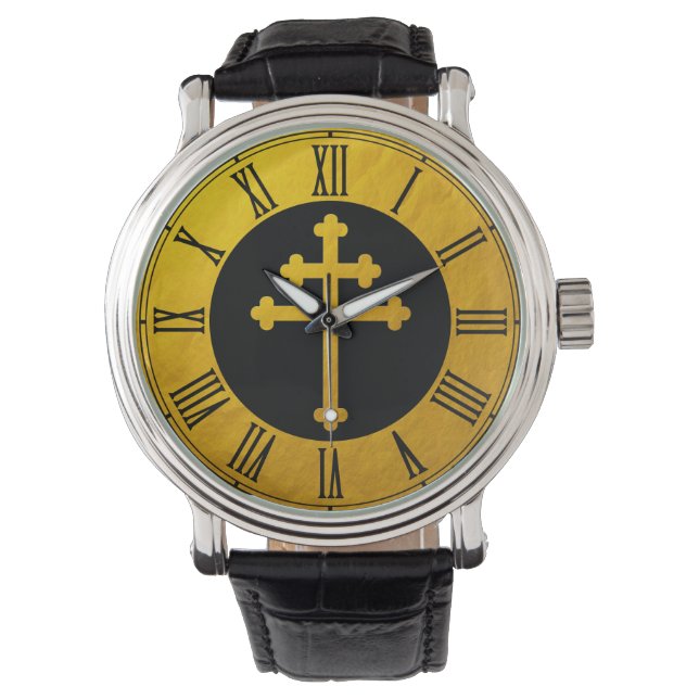 Gold Lorraine Cross on Black / golden Christian Watch (Front)