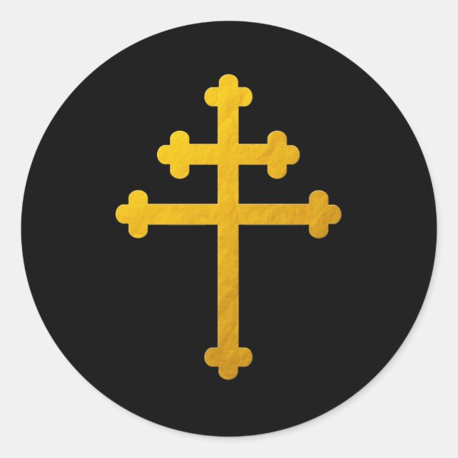 Gold Lorraine Cross Sticker, on Black / Christian Classic Round Sticker (Front)