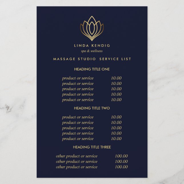 Gold Lotus  Blue Spa & Massage  Pricing & Services Flyer (Front)
