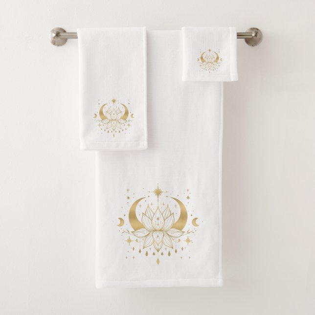 Gold Lotus & Crescent Moon Bath Towel Set (Insitu)