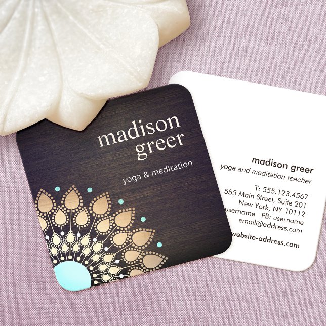 Gold Lotus Floral Mandala Wood Natural Wellness Square Business Card (Creator Uploaded)