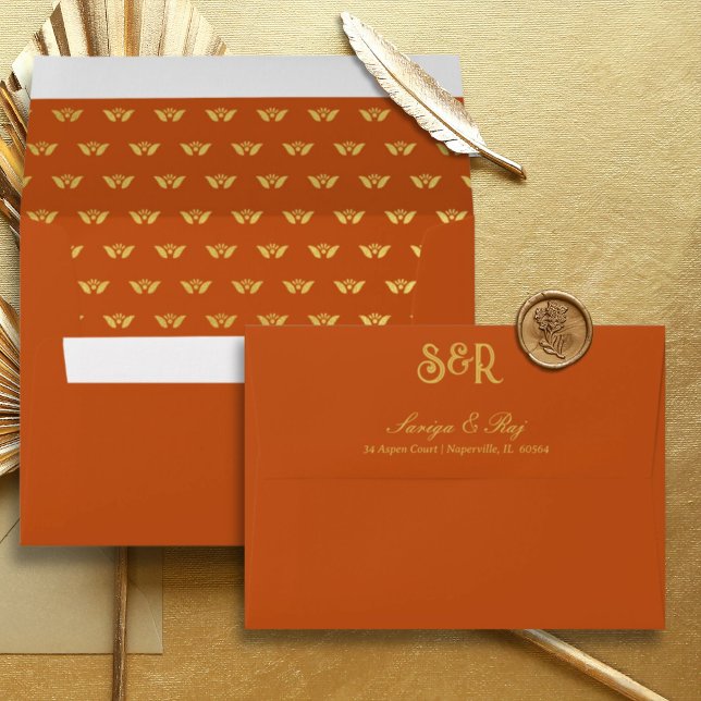 Gold Lotus Flower Line Wedding Invitation Envelope (Indian wedding invitation envelope, hindu wedding invitation envelope, lotus flower lined envelope)