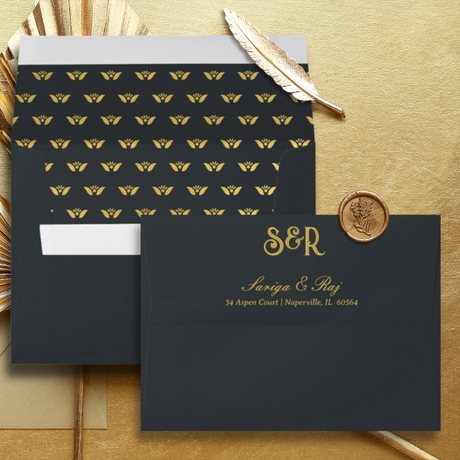 Gold Lotus Flower Lined Wedding Invitation Envelope (Indian wedding invitation envelope, hindu wedding invitation envelope, lotus flower lined envelope)