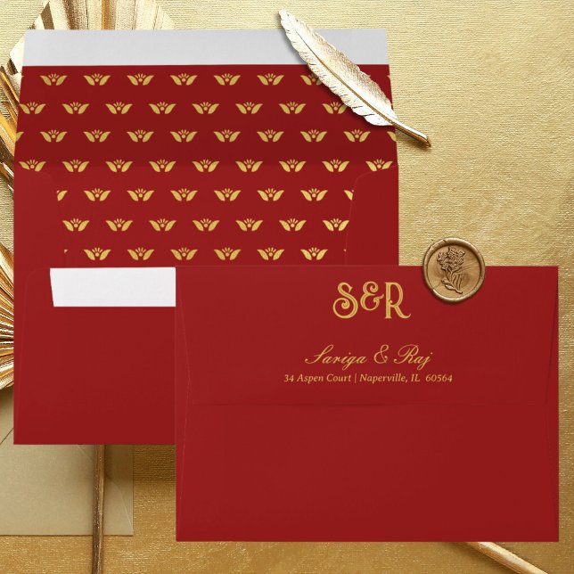 Gold Lotus Flower Lined Wedding Invitation Envelope (Indian wedding invitation envelope, hindu wedding invitation envelope, lotus flower lined envelope)
