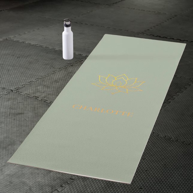 Gold lotus flower name sage green yoga mat (Creator Uploaded)